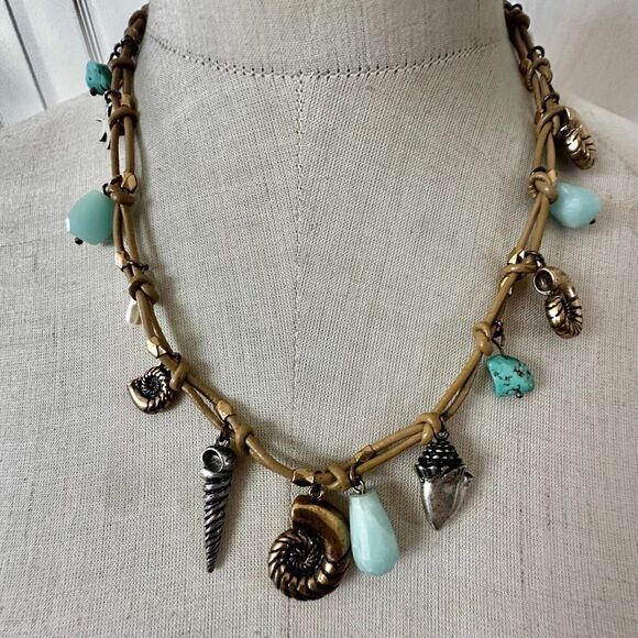 Lucky Brand Coastal Surf Charm Necklace – Shells, Turquoise & Leather - Picture 1 of 10